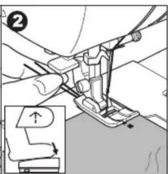 Technical diagram showing a sewing machine needle and foot assembly with labeled parts and an inset detail view.
