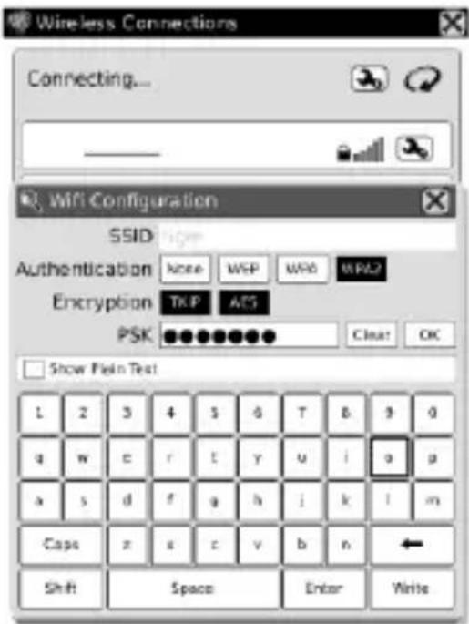 Wireless Connections Connecting... WiFi Configuration SSID Authentication Encryption PSK Show Plain Test L 2 3 4 5 6 T B 9 G q w c r t y u i a g a s d f g h i k l m Caps x s c v b n Shift Space Enter Write