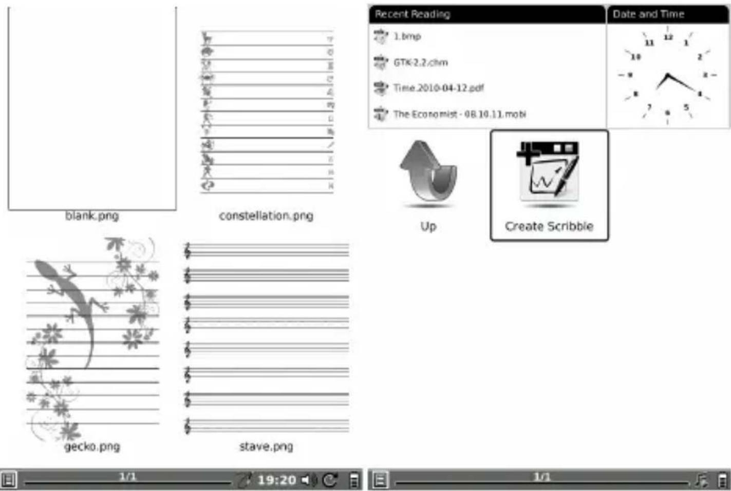 blank.png constellation.png gecko.png stave.png Recent Reading 1.bmp GTK-2.2/chm Time 2010-04-12.pdf The Economist - 08.10.11.mobi Date and Time Up Create Scribble 1/1 19:20 1/1
