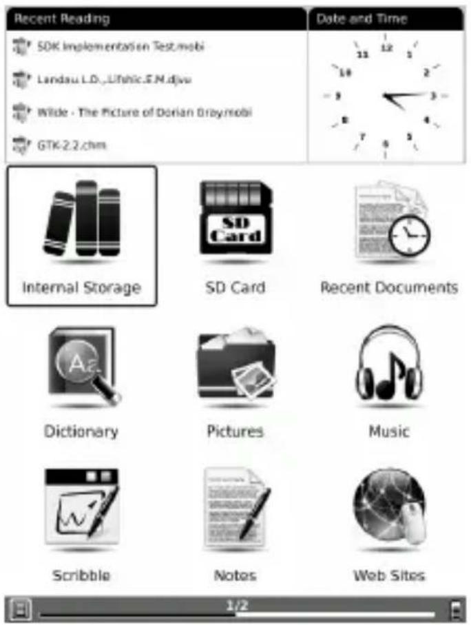 Recent Reading SDK Implementation Test.mobi Landau L.D., Uthlic.E.N.djvs Wide - The Picture of Dorian Gray.mobi GTK-2.2.chm Date and Time 11 12 10 2 9 3 8 4 7 5 Internal Storage SD Card Recent Documents Dictionary Pictures Music Scribble Notes Web Sites 1/2