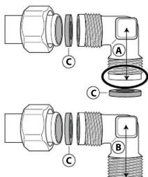 Technical diagram showing two mechanical assembly configurations with labeled parts A, B, and C