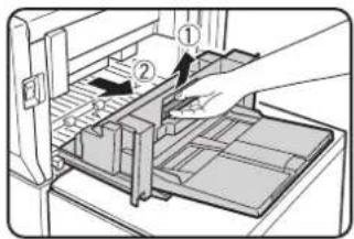 Diagram showing a hand inserting a device into a drawer with numbered components, likely illustrating a file or storage mechanism.