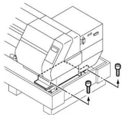 Mimaki Tx2-1600 - Remove the four bolts that fixes the packed pedestals and packed pads. - 1
