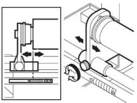 Mimaki Tx2-1600 - Viewing from the rear side of the printer, align the left edge of the roll with the scale of the fabric setting position plate. - 1