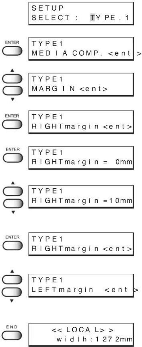 SETUP SELECT : TYPE . 1 ENTER TYPE1 MEDIA COMP. TYPE1 MARGIN ENTER TYPE1 RIGHTmargin ENTER TYPE1 RIGHTmargin = 0mm TYPE1 RIGHTmargin =10mm ENTER TYPE1 RIGHTmargin TYPE1 LEFTmargin END << LOCAL >> width: 1 27 2mm