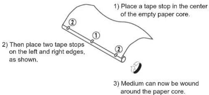 1) Place a tape stop in the center of the empty paper core. 2) Then place two tape stops on the left and right edges, as shown. 3) Medium can now be wound around the paper core.