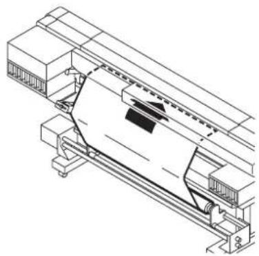 Mimaki Tx2-1600 - Viewing from the rear side of the printer, align the left edge of the roll with the scale of the fabric setting position plate. - 3