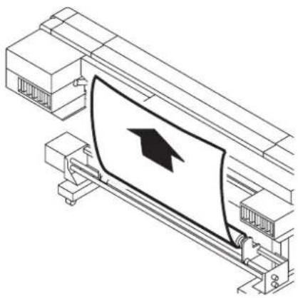 Mimaki Tx2-1600 - Viewing from the rear side of the printer, align the left edge of the roll with the scale of the fabric setting position plate. - 2