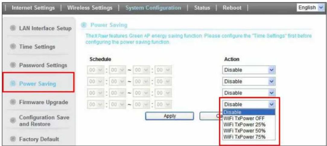 Internet Settings | Wireless Settings | System Configuration | Status | Reboot | English LAN Interface Setup Time Settings Password Settings Power Saving The NPower features Green AP energy saving function: Please configure the "Time Settings" first before configuring the power saving function. Schedule 00 : 00 ~ 00 : 00 00 : 00 ~ 00 : 00 00 : 00 ~ 00 : 00 00 : 00 ~ 00 : 00 Apply Action Disable Disable Disable Disable Disable WiFi TxPower OFF WiFi TxPower 25% WiFi TxPower 50% WiFi TxPower 75%