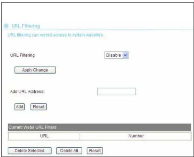URL Filtering URL filtering can restrict access to certain websites URL Filtering Disable Apply Change Add URL Address: Add Reset Current Webs URL Filters URL Number Delete Selected Delete All Reset