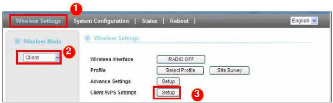Wireless Settings System Configuration | Status | Reboot | English Wireless Mode Client Wireless Settings Wireless Interface RADIO OFF Profile Select Profile Site Survey Advance Settings Setup Client WPS Settings Setup 3