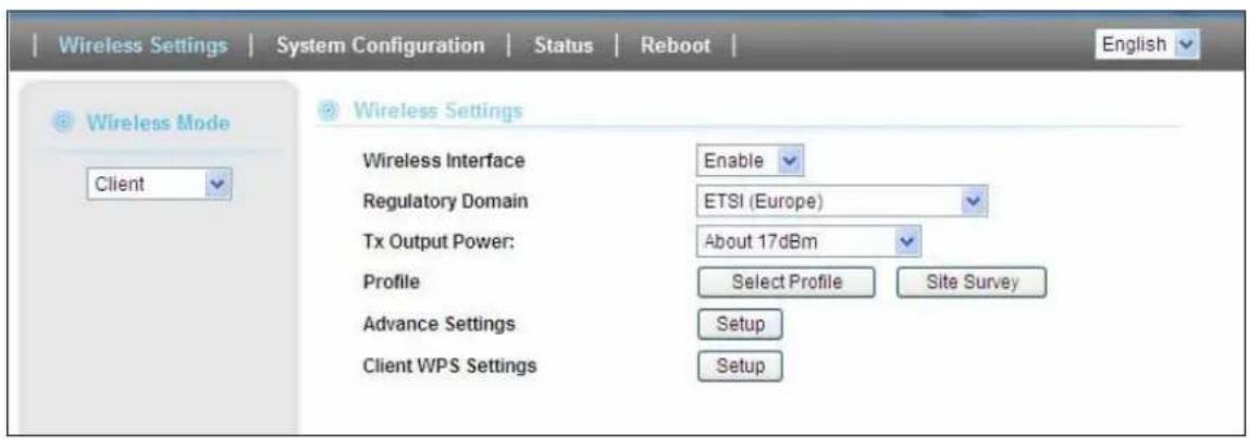 Wireless Settings | System Configuration | Status | Reboot | Wireless Mode Client Wireless Settings Wireless Interface Enable Regulatory Domain ETSI (Europe) Tx Output Power: About 17dBm Profile Select Profile Site Survey Advance Settings Setup Client WPS Settings Setup