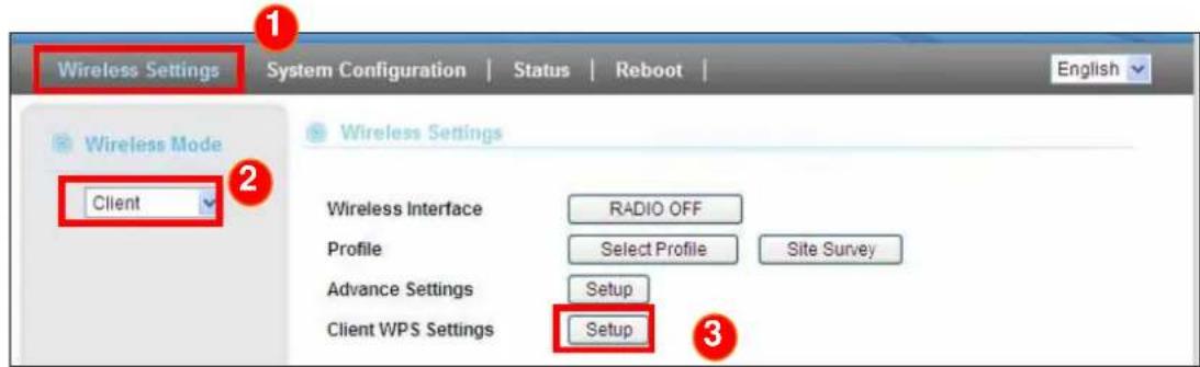 Wireless Settings System Configuration | Status | Reboot | English Wireless Mode Client Wireless Settings Wireless Interface RADIO OFF Profile Select Profile Site Survey Advance Settings Setup Client WPS Settings Setup 3