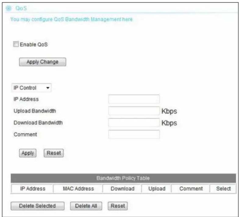 QoS You may configure QoS Bandwidth Management here. Enable QoS Apply Change IP Control IP Address Upload Bandwidth Download Bandwidth Comment Apply Reset Bandwidth Policy Table IP Address MAC Address Download Upload Comment Select Delete Selected Delete All Reset