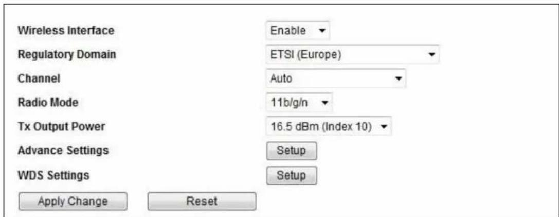 Wireless Interface Enable Regulatory Domain ETSI (Europe) Channel Auto Radio Mode 11b/g/n Tx Output Power 16.5 dBm (Index 10) Advance Settings Setup WDS Settings Setup Apply Change Reset