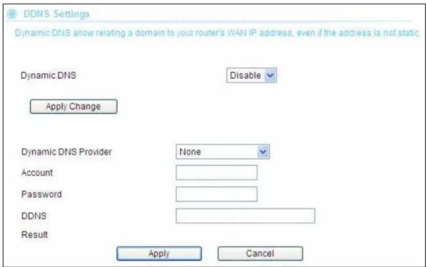 DDNS Settings Dynamic DNS allow relating a domain to your router's WAN IP address, even if the address is not static Dynamic DNS Disable Apply Change Dynamic DNS Provider None Account Password DDNS Result Apply Cancel
