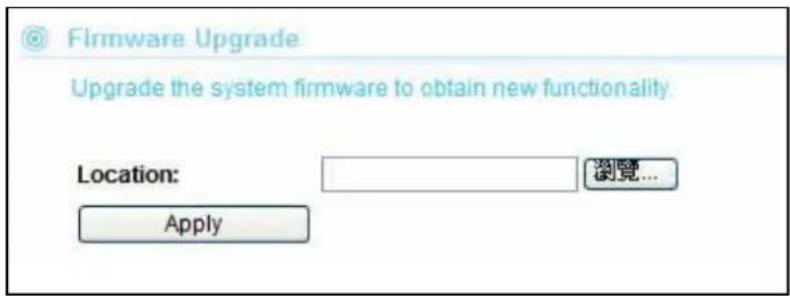 Firmware Upgrade Upgrade the system firmware to obtain new functionality. Location: 浏览... Apply