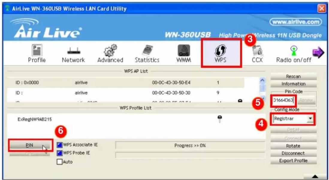 AirLive WN-360USB Wireless LAN Card Utility www.airlive.com WN-360USB High Power Wireless 11N USB Dongle Profile Network Advanced Statistics WWW WPS CCX Radio on/off WPS AP List ID : 0x0000 airlive 00-0C-43-30-50-E4 1 ID : airlive 00-0C-43-30-50-30 9 WPS Profile List ExRegNW9AB215 PIN WPS Associate IE Progress >> 0% WPS Probe IE Auto Rescan Information Pin Code J1664363 Renew Config Mode Registrar Detail Connect Rotate Disconnect Export Profile