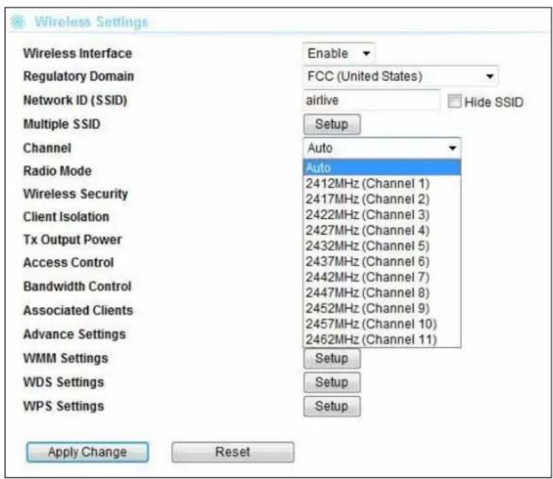 Wireless Settings Wireless Interface Enable Regulatory Domain FCC (United States) Network ID (SSID) airlive Hide SSID Multiple SSID Setup Channel Auto Radio Mode Auto 2412MHz (Channel 1) 2417MHz (Channel 2) 2422MHz (Channel 3) 2427MHz (Channel 4) 2432MHz (Channel 5) 2437MHz (Channel 6) 2442MHz (Channel 7) 2447MHz (Channel 8) 2452MHz (Channel 9) 2457MHz (Channel 10) 2462MHz (Channel 11) Bandwidth Control Associated Clients Advance Settings WMM Settings Setup WDS Settings Setup WPS Settings Setup Apply Change Reset
