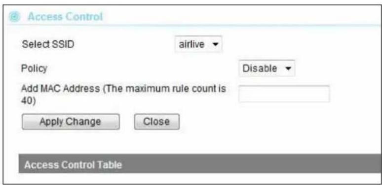 Access Control Select SSID airlive Policy Disable Add MAC Address (The maximum rule count is 40) Apply Change Close Access Control Table