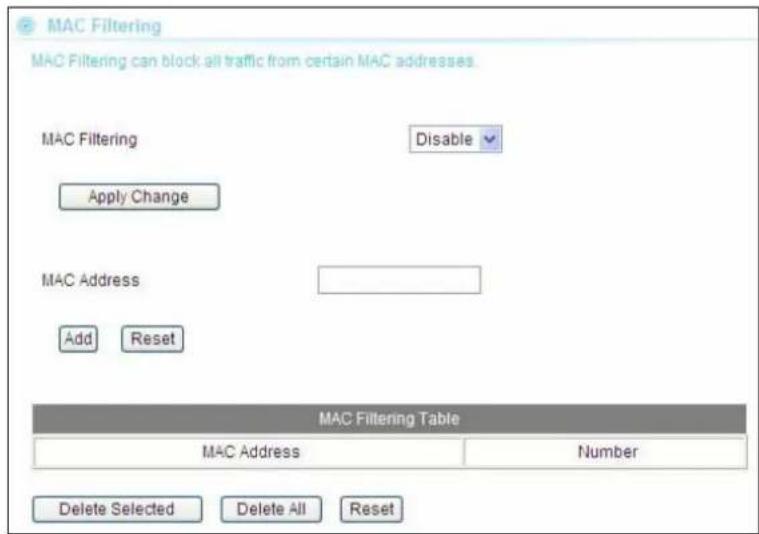 MAC Filtering MAC Filtering can block all traffic from certain MAC addresses. MAC Filtering Disable Apply Change MAC Address Add Reset MAC Filtering Table MAC Address Number Delete Selected Delete All Reset