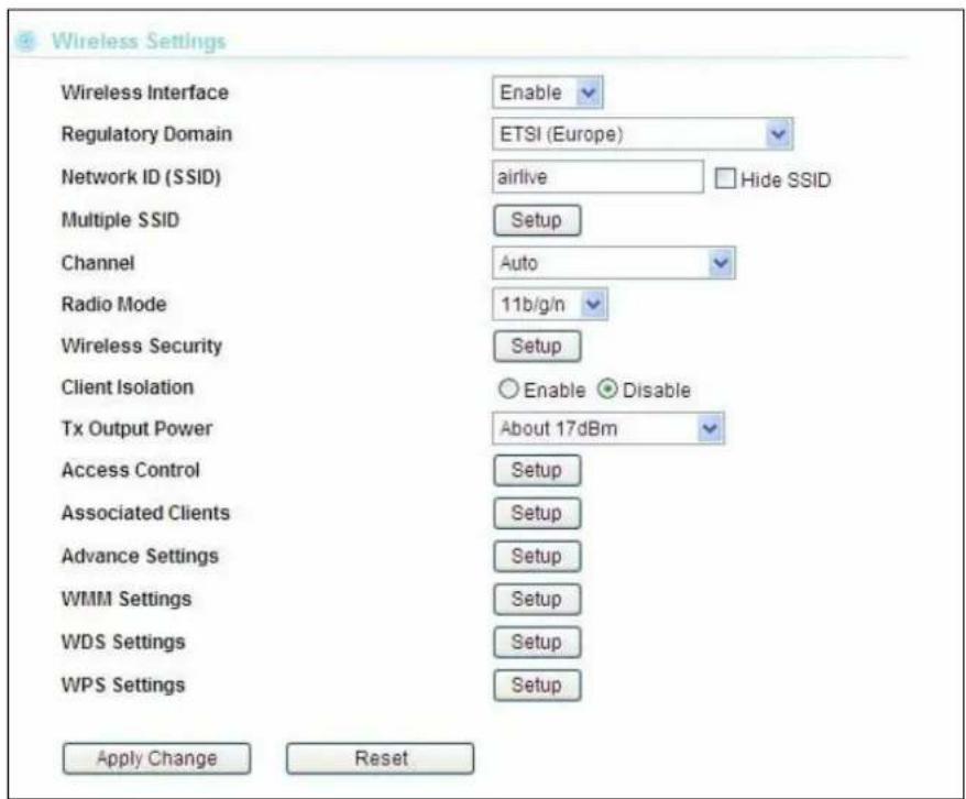 Wireless Settings Wireless Interface Enable Regulatory Domain ETSI (Europe) Network ID (SSID) airlive Hide SSID Multiple SSID Setup Channel Auto Radio Mode 11b/g/n Wireless Security Setup Client Isolation Enable Disable Tx Output Power About 17dBm Access Control Setup Associated Clients Setup Advance Settings Setup WMM Settings Setup WDS Settings Setup WPS Settings Setup Apply Change Reset