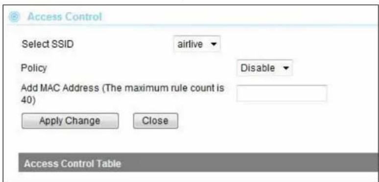 Access Control Select SSID airlive Policy Disable Add MAC Address (The maximum rule count is 40) Apply Change Close Access Control Table