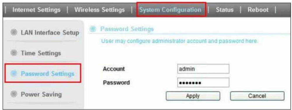 Internet Settings | Wireless Settings | System Configuration | Status | Reboot | LAN Interface Setup Time Settings Password Settings Power Saving Password Settings User may configure administrator account and password here. Account admin Password ******** Apply Cancel