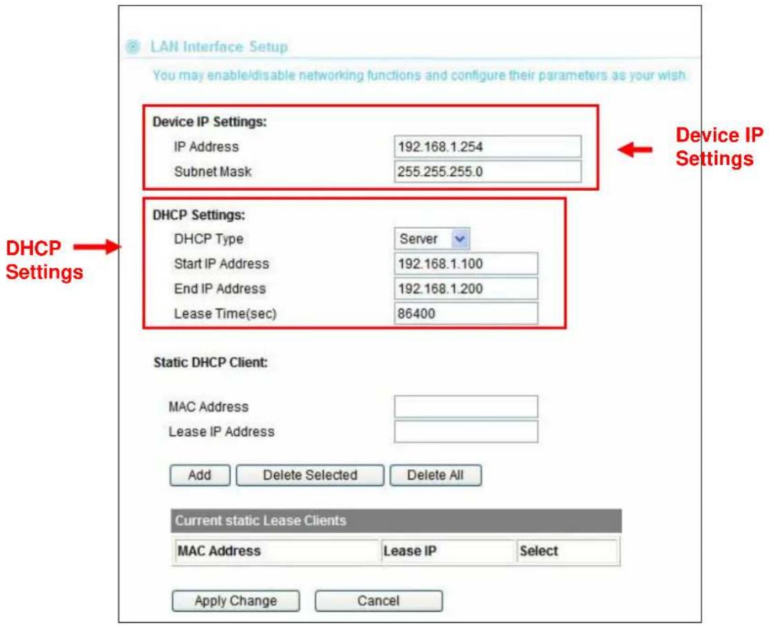 LAN Interface Setup You may enable/disable networking functions and configure their parameters as your wish Device IP Settings: IP Address 192.168.1.254 Subnet Mask 255.255.255.0 Device IP Settings DHCP Settings: DHCP Type Server Start IP Address 192.168.1.100 End IP Address 192.168.1.200 Lease Time(sec) 86400 Static DHCP Client: MAC Address Lease IP Address Add Delete Selected Delete All Current static Lease Clients MAC Address Lease IP Select Apply Change Cancel
