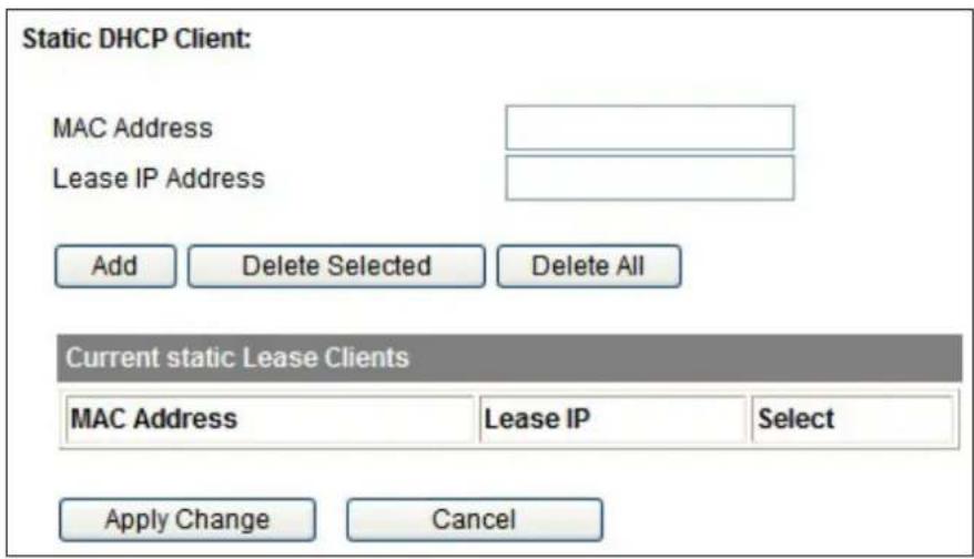 Static DHCP Client: MAC Address Lease IP Address Add Delete Selected Delete All Current static Lease Clients MAC Address Lease IP Select Apply Change Cancel