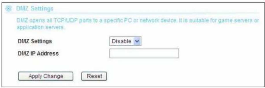 DMZ Settings DMZ opens all TCP/UDP ports to a specific PC or network device. It is suitable for game servers or application servers. DMZ Settings Disable DMZ IP Address Apply Change Reset