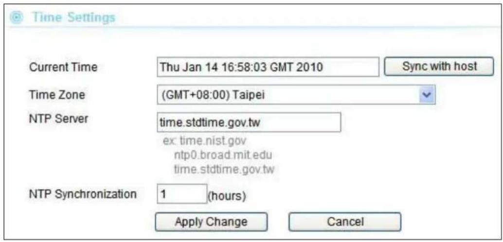 Time Settings Current Time Thu Jan 14 16:58:03 GMT 2010 Sync with host Time Zone (GMT+08:00) Taipei NTP Server time.stdtime.gov.tw ex: time.nist.gov ntp0.broad.mit.edu time.stdtime.gov.tw NTP Synchronization 1 (hours) Apply Change Cancel