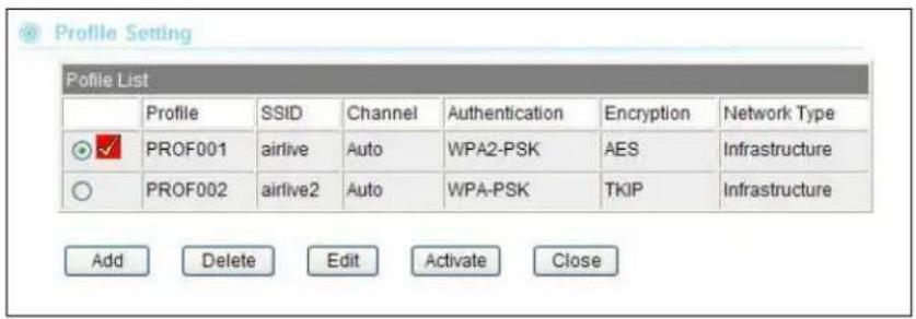 Profile Setting Profile List Profile SSID Channel Authentication Encryption Network Type PROF001 airlive Auto WPA2-PSK AES Infrastructure PROF002 airlive2 Auto WPA-PSK TKIP Infrastructure Add Delete Edit Activate Close