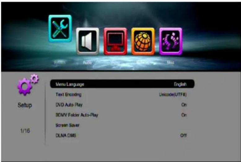 Setup 1/16 Menu Language English Text Encoding Unicode(UTF8) DVD Auto-Play On 8DMV Folder Auto-Play On Screen Saver DLNA CMS Off