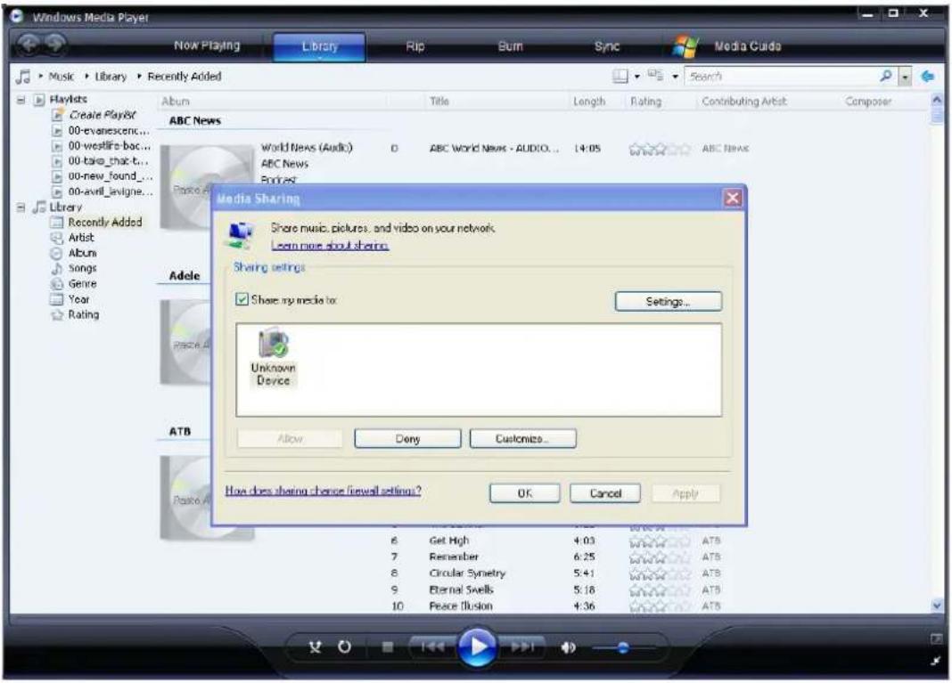 Windows Media Player Now Playing Library Rip Burn Sync Media Guida Music · Library · Recently Added Search Playlists Create Playlist ABC News World News (Audio) ABC World News - AUDIO... 14:05 ABC News ABC News Bookset Media Sharing Share music, pictures, and video on your network. Learn more about sharing Sharing settings Show my media to: Settings... Unknown Device Allow Deny Customize... How does sharing change firewall settings? OK Cancel Apply 6 Get High 4:03 www ATB 7 Remember 6:25 www ATB 8 Circular Symmetry 5:41 www ATB 9 Eternal Swells 5:18 www ATB 10 Peace Flusion 4:36 www ATB