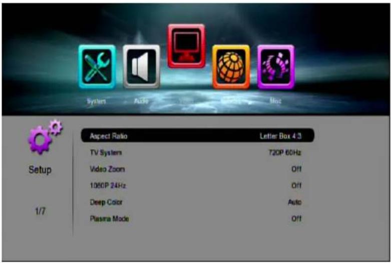 System Audio Video Music Mod Setup 1/7 Aspect Ratio Letter Box 4.3 TV System 720P 60Hz Video Zoom Off 1000P 24Hz Off Deep Color Auto Plasma Mode Off