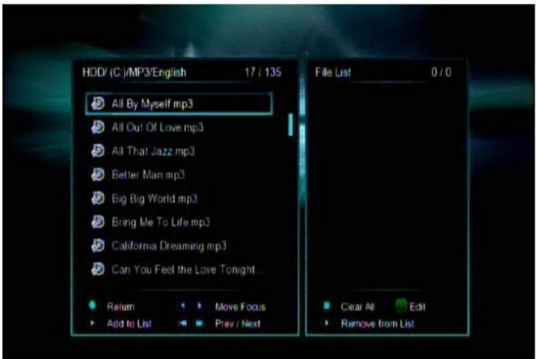 HDD/ (C) /MP3/English 17 / 135 All By Myself mp3 All Out Of Love mp3 All That Jazz mp3 Better Man mp3 Big Big World mp3 Bring Me To Life mp3 California Dreaming mp3 Can You Feel the Love Tonight File List 0 / 0 Return Move Focus Add to List Prev / Next Clear All Edit Remove from List
