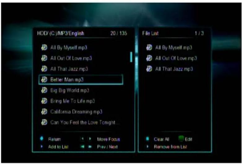 HDD/ (C) /MP3/English 20 / 135 All By Myself mp3 All Out Of Love mp3 All That Jazz mp3 Better Man mp3 Big Big World mp3 Bring Me To Life mp3 California Dreaming mp3 Can You Feel the Love Tonight ... Return Move Focus Add to List Prev / Next File List 1 / 3 All By Myself mp3 All Out Of Love mp3 All That Jazz mp3 Clear All Edit Remove from List