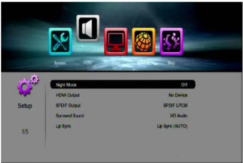 System Home MOS Miss Night Mode Off HDMI Output No Device SPDIF Output SPDIF LPCM Surround Sound HD Audio Lip Sync Lip Sync (AUTO) Setup 1/5