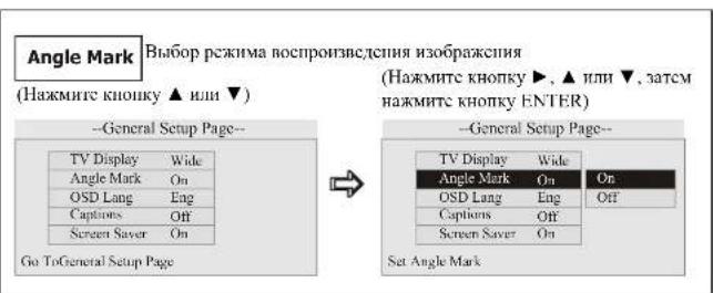 Angle Mark (Нажмите кнопку ▲ или ▼) --General Setup Page-- TV Display Wide Angle Mark On OSD Lang Eng Captions Off Screen Saver On Go To General Setup Page Выбор режима воспроизведения изображения (Нажмите кнопку ▶, ▲ или ▼, затем нажмите кнопку ENTER) --General Setup Page-- TV Display Wide Angle Mark On OSD Lang Eng Captions Off Screen Saver On On Off Set Angle Mark