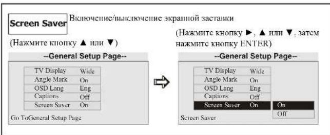 Screen Saver (Vключение/выключение экранной застанки) (Hажмите кнопку ▲ или ▼) --General Setup Page-- TV Display Wide Angle Mark On OSD Lang Eng Captions Off Screen Saver On Go To General Setup Page (Hажмите кнопку ▶, ▲ или ▼, затем нажмите кнопку ENTER) --General Setup Page-- TV Display Wide Angle Mark On OSD Lang Eng Captions Off Screen Saver On On Screen Saver Off