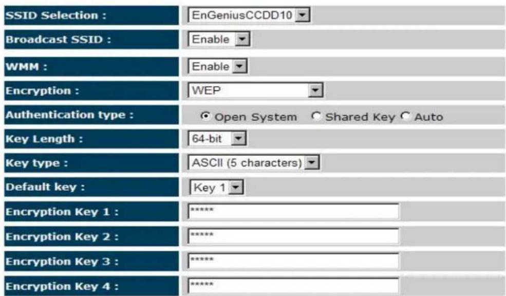 SSID Selection : EnGeniusCCDD10 Broadcast SSID : Enable WMM : Enable Encryption : WEP Authentication type : Open System Shared Key Auto Key Length : 64-bit Key type : ASCII (5 characters) Default key : Key 1 Encryption Key 1 : ***** Encryption Key 2 : ***** Encryption Key 3 : ***** Encryption Key 4 : *****