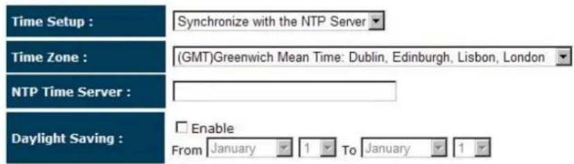 Time Setup : Synchronize with the NTP Server Time Zone : (GMT)Greenwich Mean Time: Dublin, Edinburgh, Lisbon, London NTP Time Server : Daylight Saving : Enable From January 1 To January 1