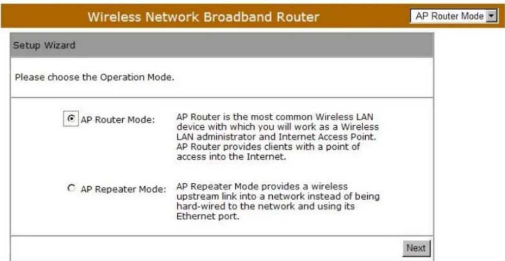 Wireless Network Broadband Router Setup Wizard Please choose the Operation Mode. AP Router Mode: AP Router is the most common Wireless LAN device with which you will work as a Wireless LAN administrator and Internet Access Point. AP Router provides clients with a point of access into the Internet. AP Repeater Mode: AP Repeater Mode provides a wireless upstream link into a network instead of being hard-wired to the network and using its Ethernet port. Next