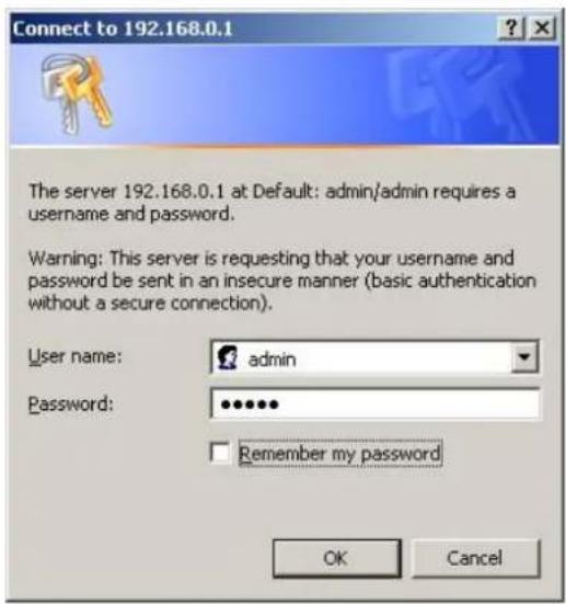 Connect to 192.168.0.1 The server 192.168.0.1 at Default: admin/admin requires a username and password. Warning: This server is requesting that your username and password be sent in an insecure manner (basic authentication without a secure connection). User name: admin Password: •••••• Remember my password OK Cancel