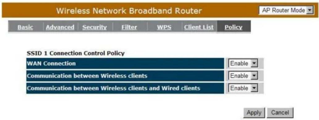 Wireless Network Broadband Router Basic Advanced Security Filter WPS Client List Policy AP Router Mode SSID 1 Connection Control Policy WAN Connection Enable Communication between Wireless clients Enable Communication between Wireless clients and Wired clients Enable Apply Cancel