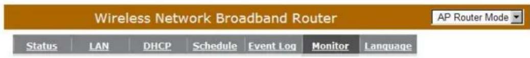 Wireless Network Broadband Router Status LAN DHCP Schedule Event Log Monitor Language AP Router Mode