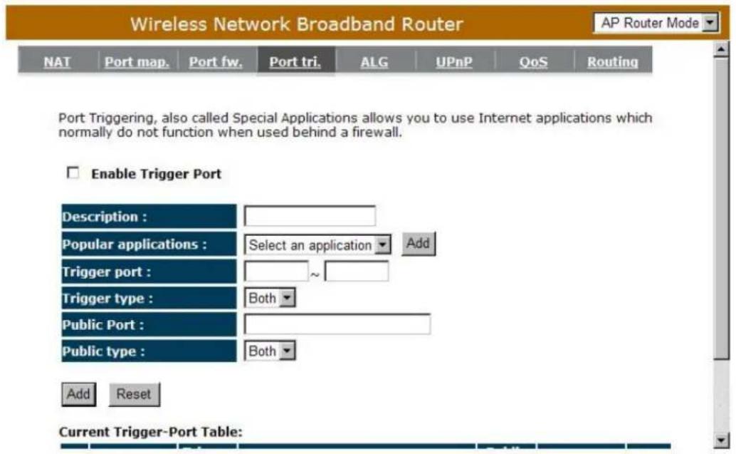 Wireless Network Broadband Router NAT Port map. Port fw. Port tri. ALG UPnP QoS Routing Port Triggering, also called Special Applications allows you to use Internet applications which normally do not function when used behind a firewall. Enable Trigger Port Description : + Popular applications : Select an application Add Trigger port : ~ Trigger type : Both Public Port : Public type : Both Add Reset Current Trigger-Port Table: