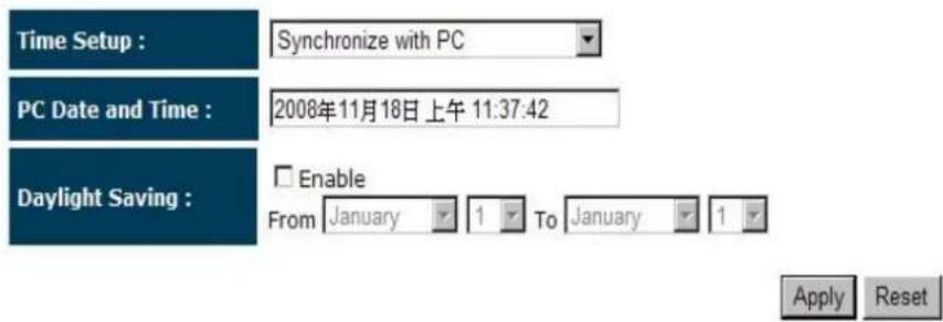 Time Setup : Synchronize with PC PC Date and Time : 2008年11月18日 上午 11:37:42 Daylight Saving : Enable From January 1 To January 1 Apply Reset