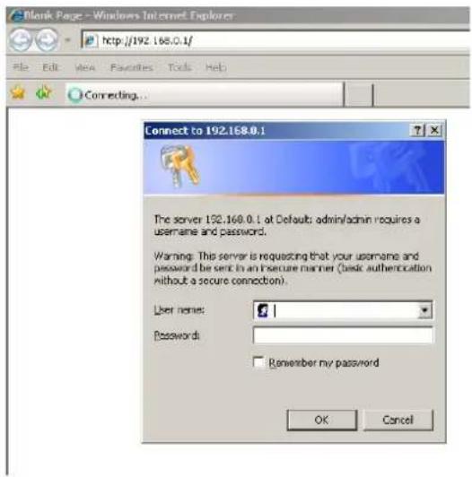 Blank Page - Windows Internet Explorer http://192.168.0.1/ File Edit View Favorites Tools Help Connecting... Connect to 192.168.0.1 The server 192.168.0.1 at Default: admin/admin requires a username and password. Warning: This server is requesting that your username and password be sent in an insecure manner (basic authentication without a secure connection). User name: Passwords: Remember my password OK Cancel